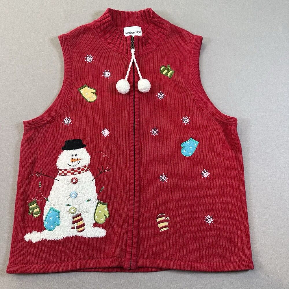 90s Breckenridge Snowman Christmas Sweater Vest Large Red Frosty Pom Poms